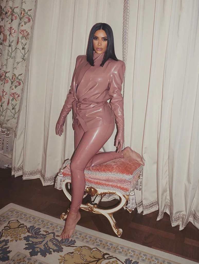 Kim Kardashian in pink Balmain suit, via @kimkardashian