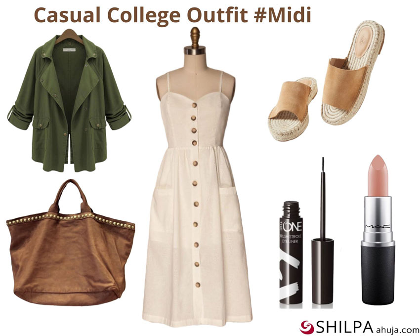 White Midi Dress, Casual Jacket, and Espadrille Sandals via Pinterest