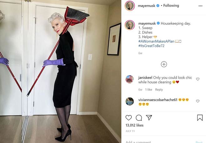 maye-musk instagram household chores broom lockdown