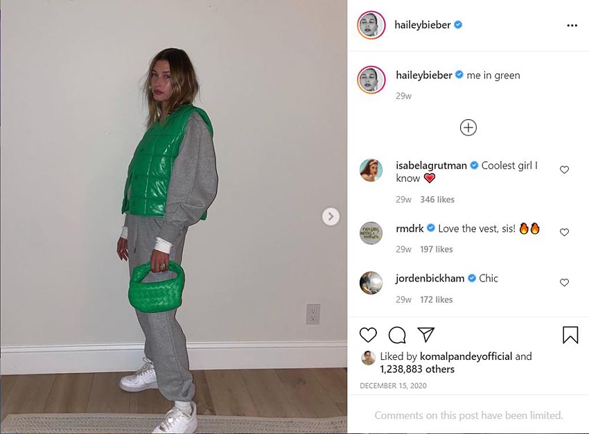 Hailey Bieber on Instagram wearing streetwear