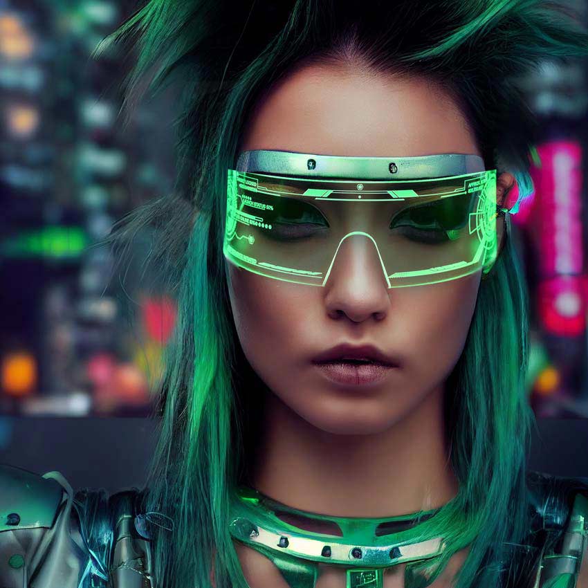 Cyberpunk Fashion Model Green Aesthetic with Hypertech Glasses