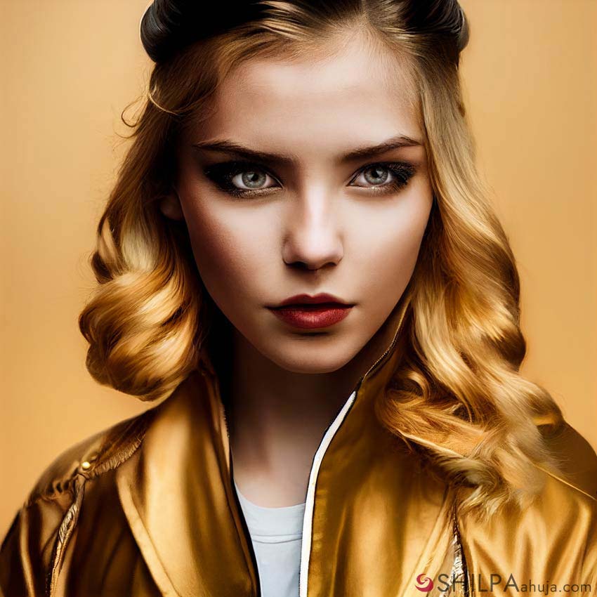 ai generated model fashion makeup gold jacket