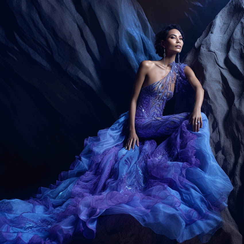 blue gown couture canyon rock fashion shoot