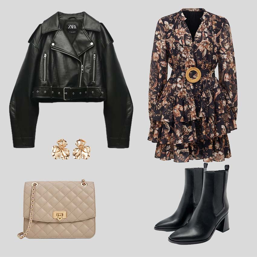 quiet-luxury-winter-outfits-leather-jacket-floral-skater-dress